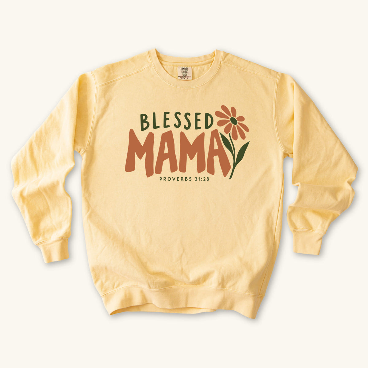 Butter Blessed Mama sweatshirt flat lay mockup, Proverbs 31:28 Christian apparel for women