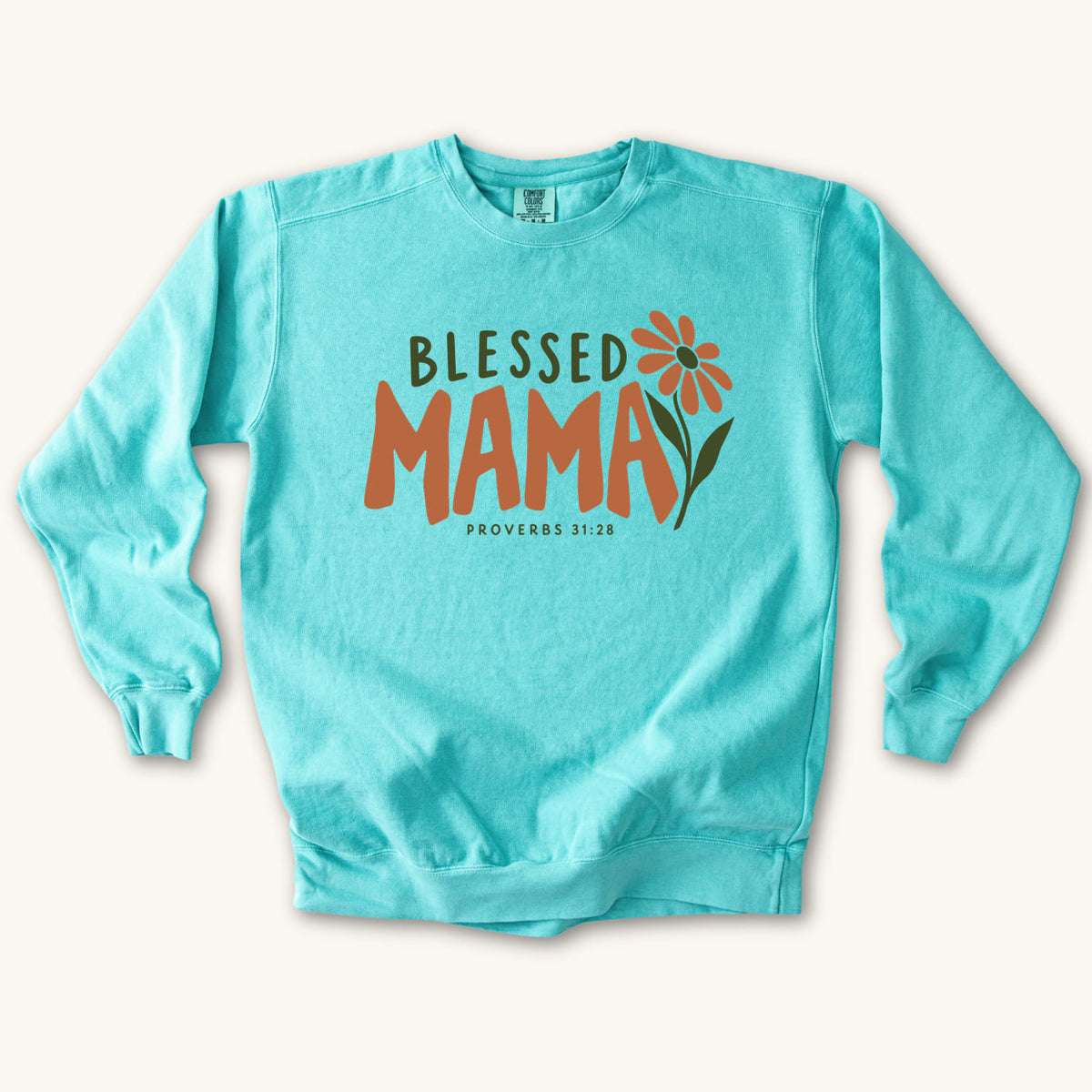 Chalky Mint Blessed Mama sweatshirt flat lay mockup, Proverbs 31:28 Christian apparel for women