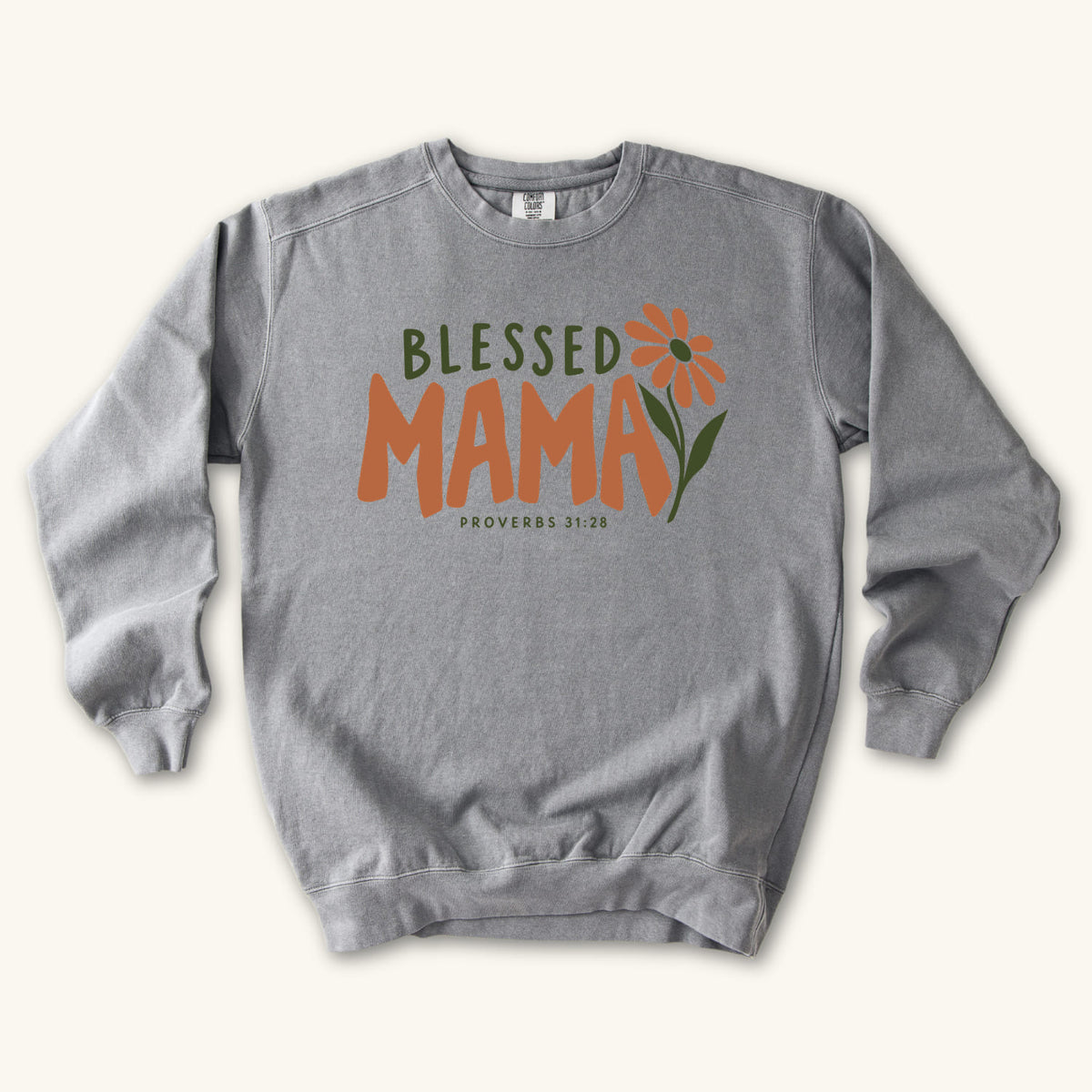 Grey Blessed Mama sweatshirt flat lay mockup, Proverbs 31:28 Christian apparel for women