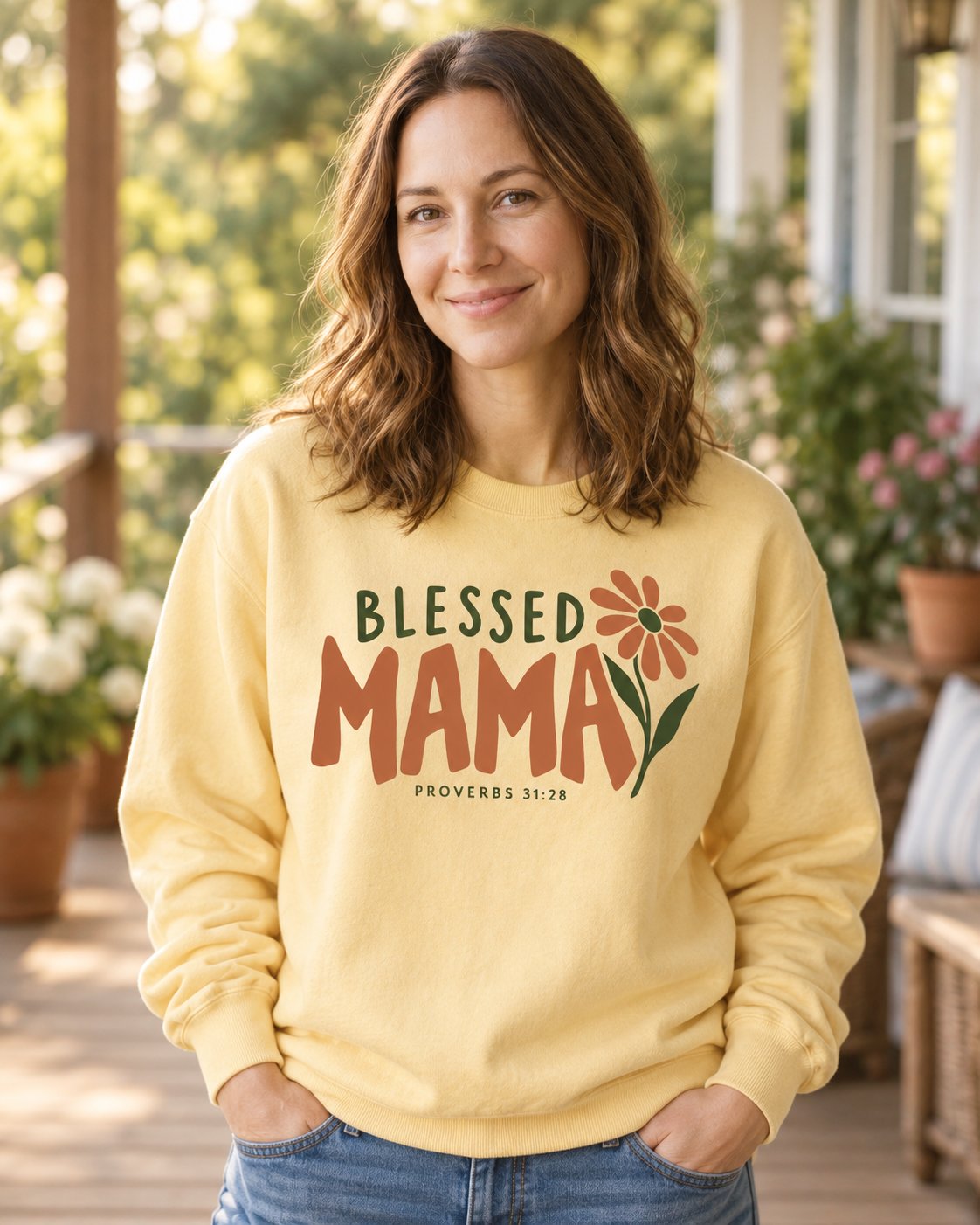 Blessed Mama Proverbs 31 28 – Butter women's Christian sweatshirt, lifestyle photo in sunny porch – Terracotta BLESSED MAMA lettering with an orange daisy – She Wears Faith