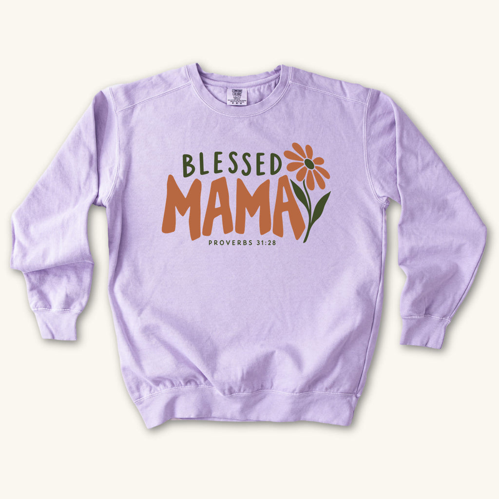 Orchid Blessed Mama sweatshirt flat lay mockup, Proverbs 31:28 Christian apparel for women
