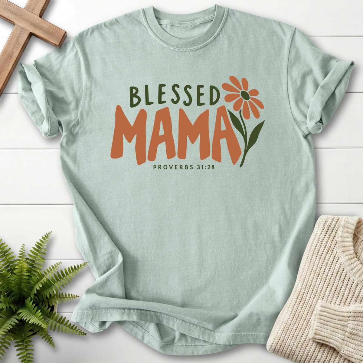 Bay Blessed Mama T-shirt flat lay mockup, Proverbs 31:28 Christian apparel for women