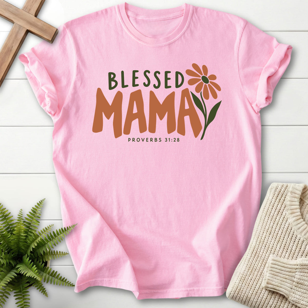 Blossom Blessed Mama T-shirt flat lay mockup, Proverbs 31:28 Christian apparel for women
