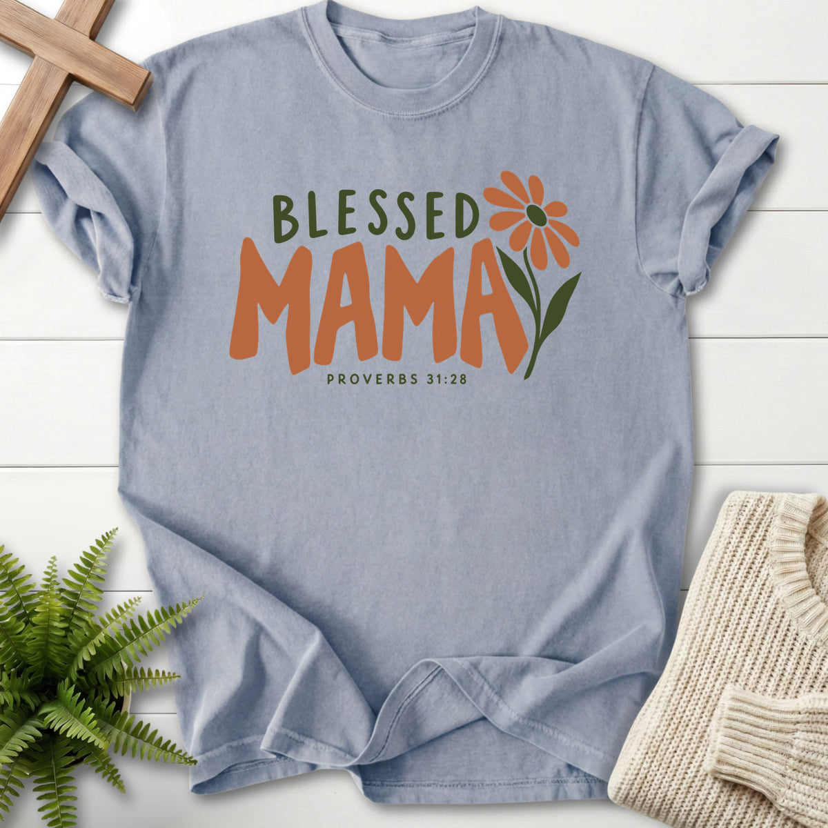 Granite Blessed Mama T-shirt flat lay mockup, Proverbs 31:28 Christian apparel for women