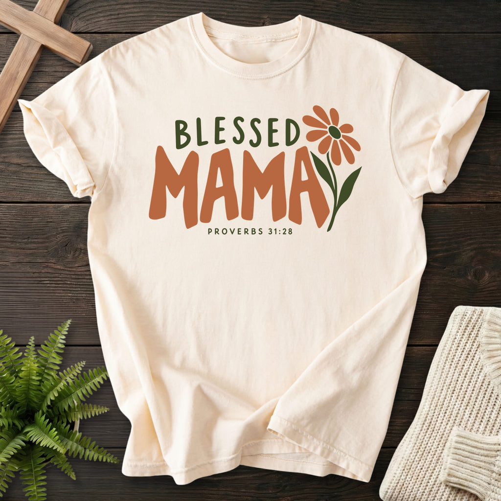 Ivory Blessed Mama T-shirt flat lay mockup, Proverbs 31:28 Christian apparel for women