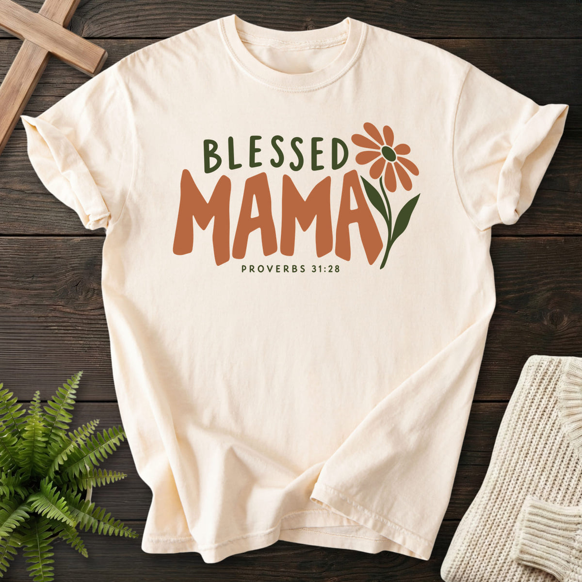 Ivory Blessed Mama T-shirt flat lay mockup, Proverbs 31:28 Christian apparel for women