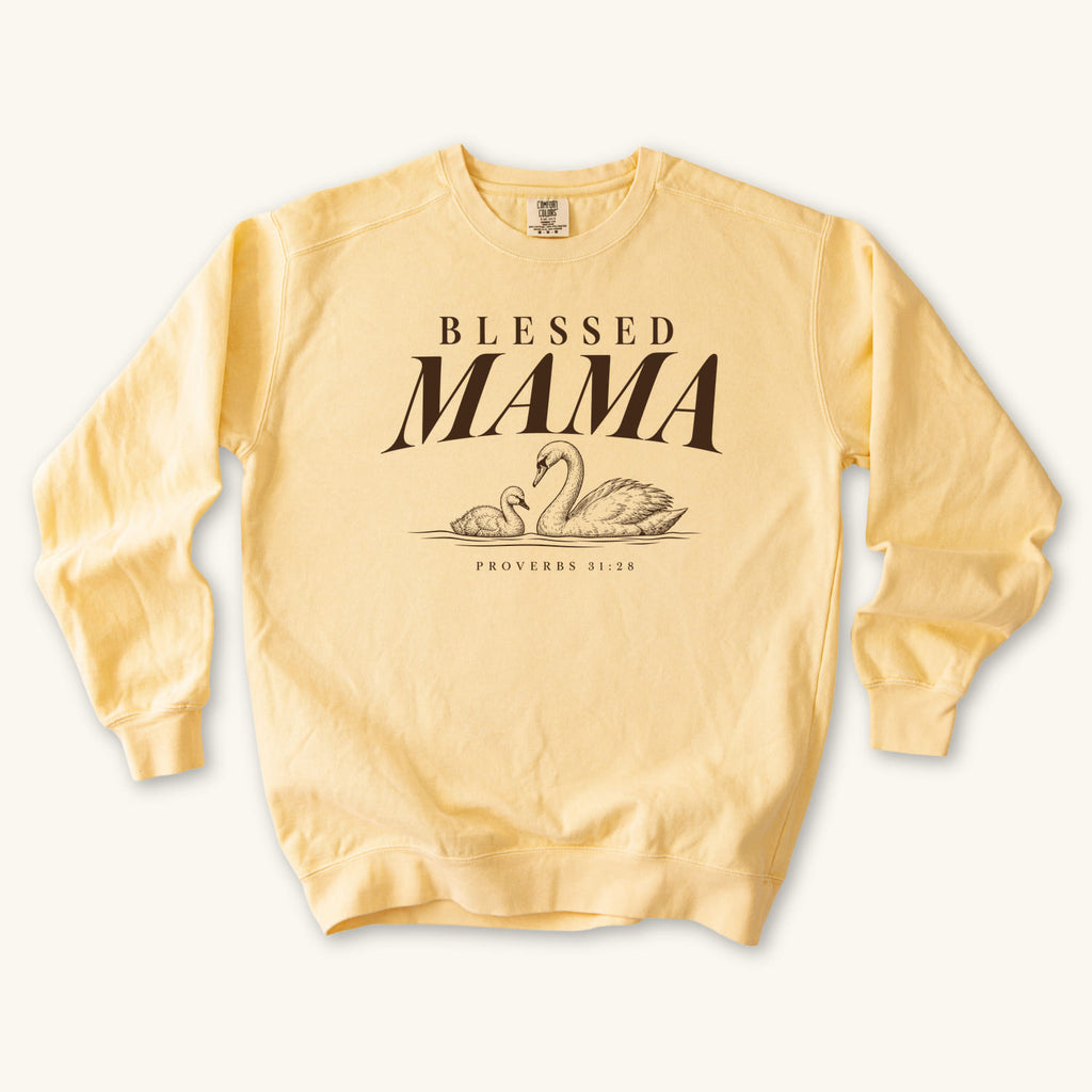 Butter Blessed Mama Swan sweatshirt flat lay mockup, Proverbs 31:28 Christian apparel for women