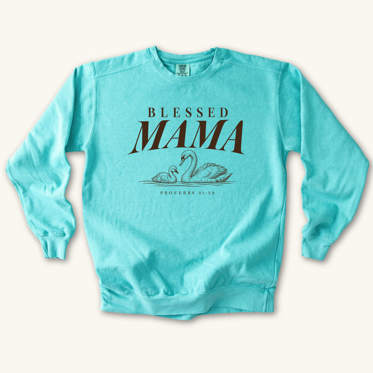 Chalky Mint Blessed Mama Swan sweatshirt flat lay mockup, Proverbs 31:28 Christian apparel for women