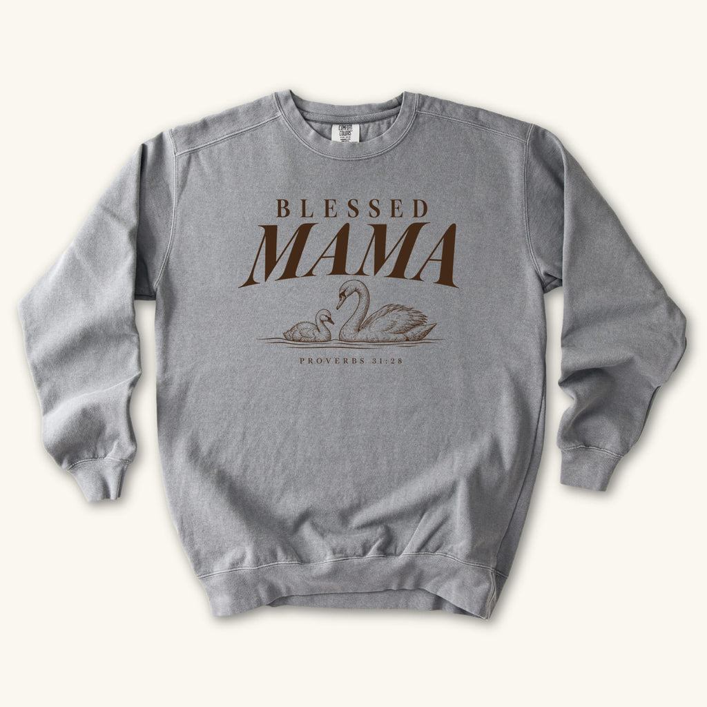 Grey Blessed Mama Swan sweatshirt flat lay mockup, Proverbs 31:28 Christian apparel for women