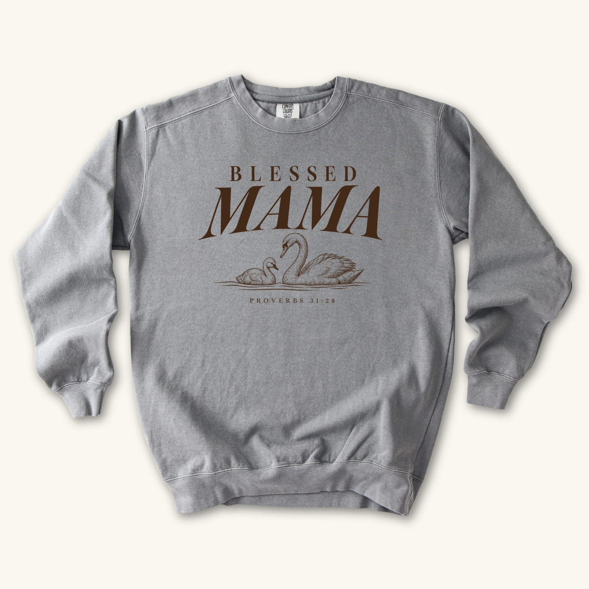 Grey Blessed Mama Swan sweatshirt flat lay mockup, Proverbs 31:28 Christian apparel for women