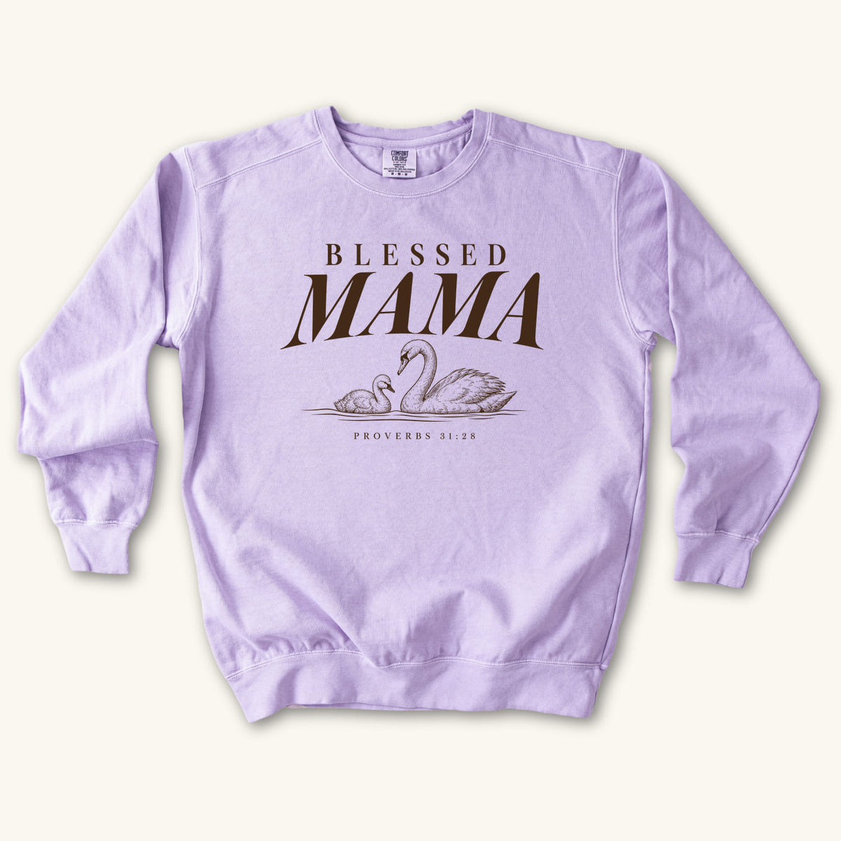 Orchid Blessed Mama Swan sweatshirt flat lay mockup, Proverbs 31:28 Christian apparel for women