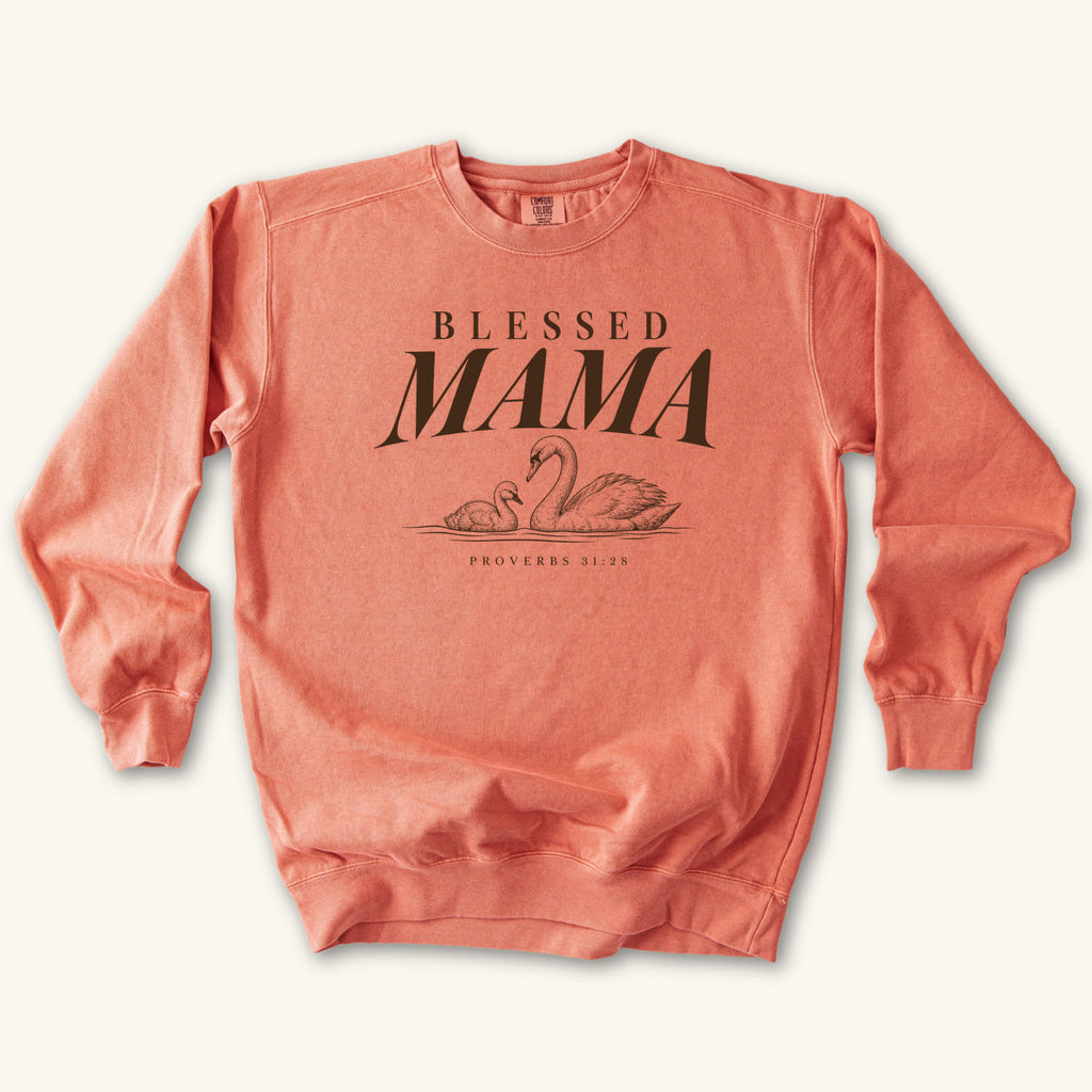 Terracotta Blessed Mama Swan sweatshirt flat lay mockup, Proverbs 31:28 Christian apparel for women