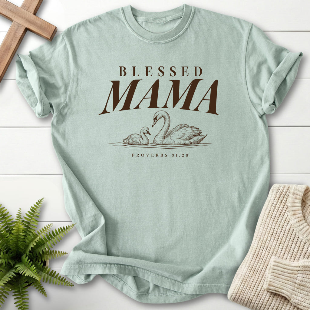 Bay Blessed Mama Swan T-shirt flat lay mockup, Proverbs 31:28 Christian apparel for women