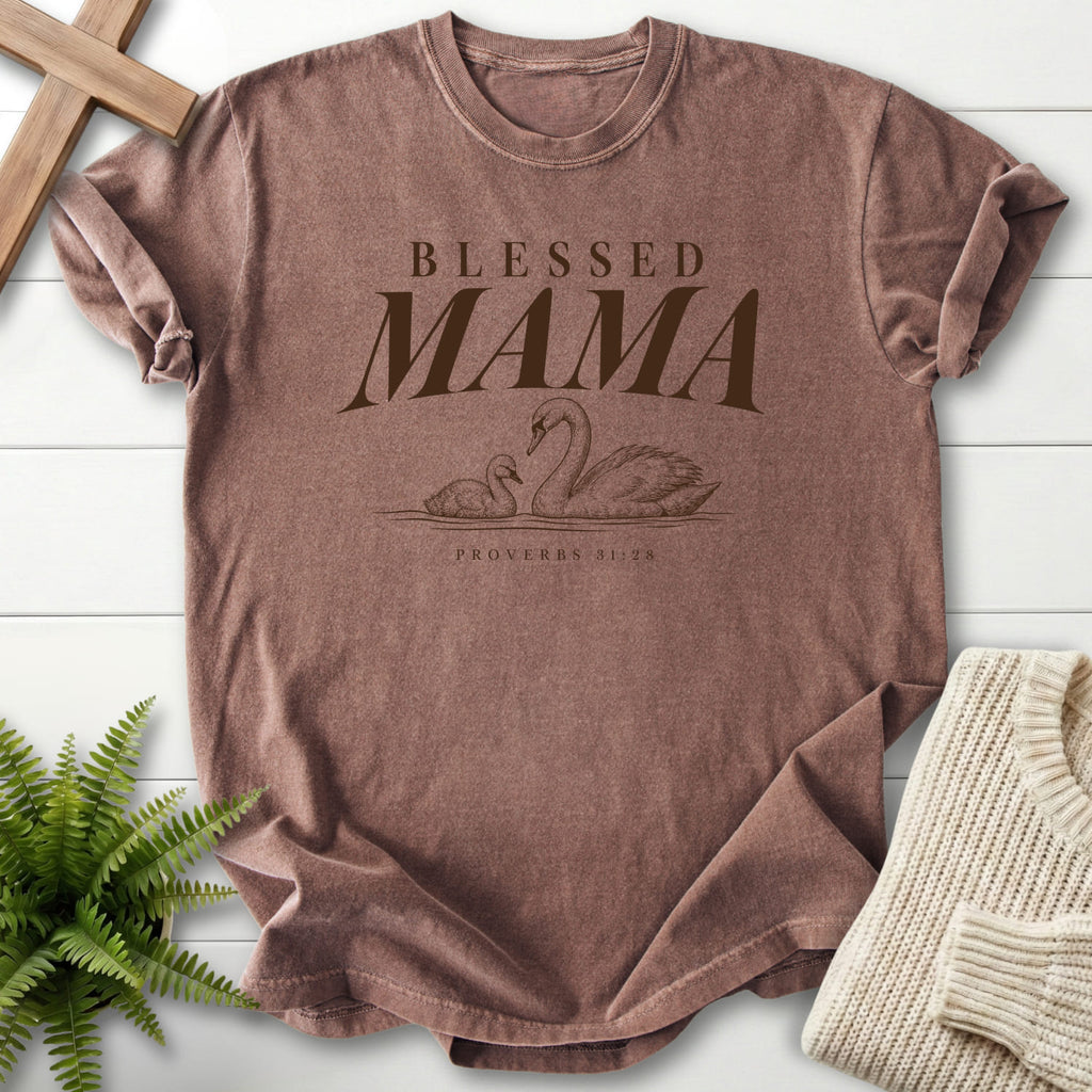 Espresso Blessed Mama Swan T-shirt flat lay mockup, Proverbs 31:28 Christian apparel for women