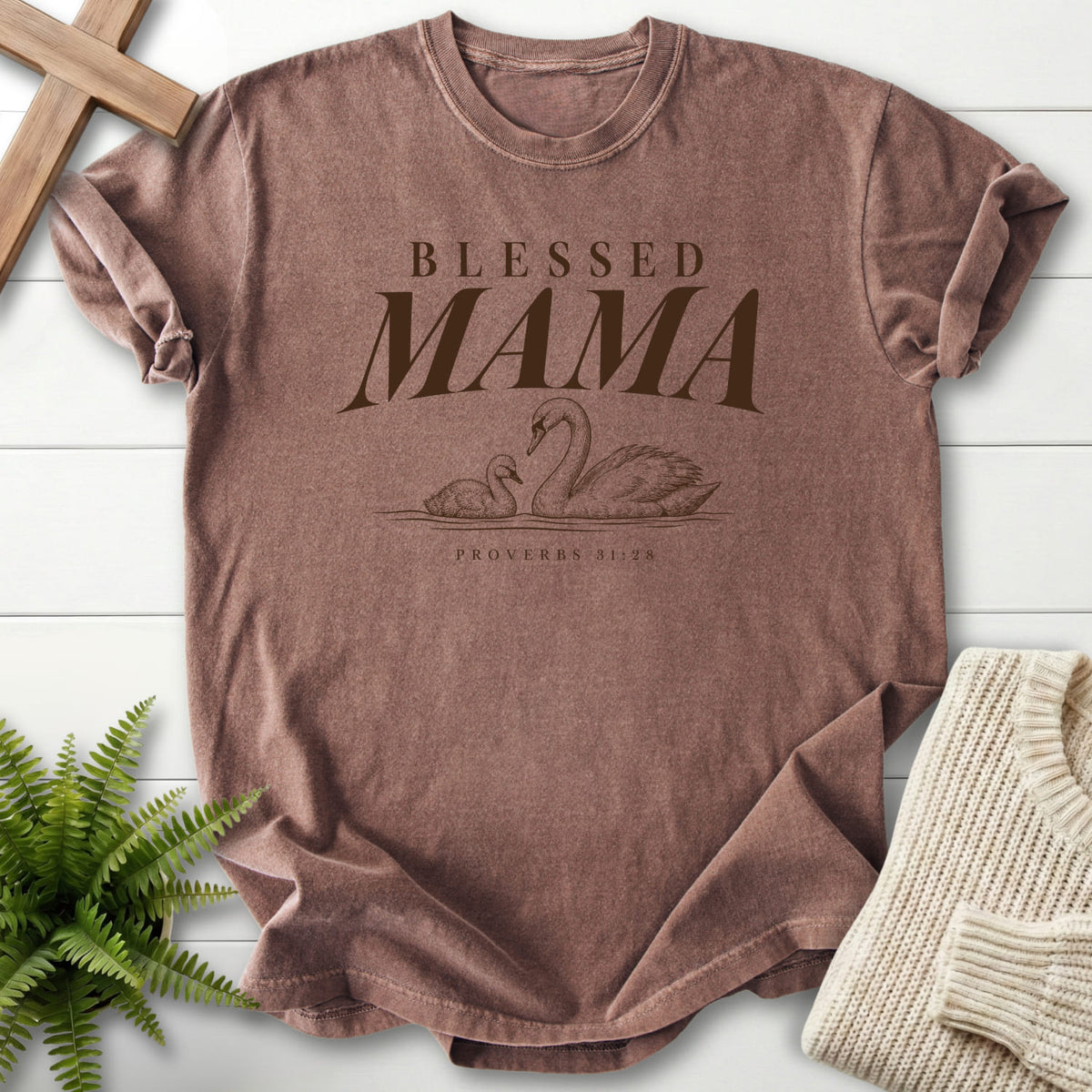 Espresso Blessed Mama Swan T-shirt flat lay mockup, Proverbs 31:28 Christian apparel for women