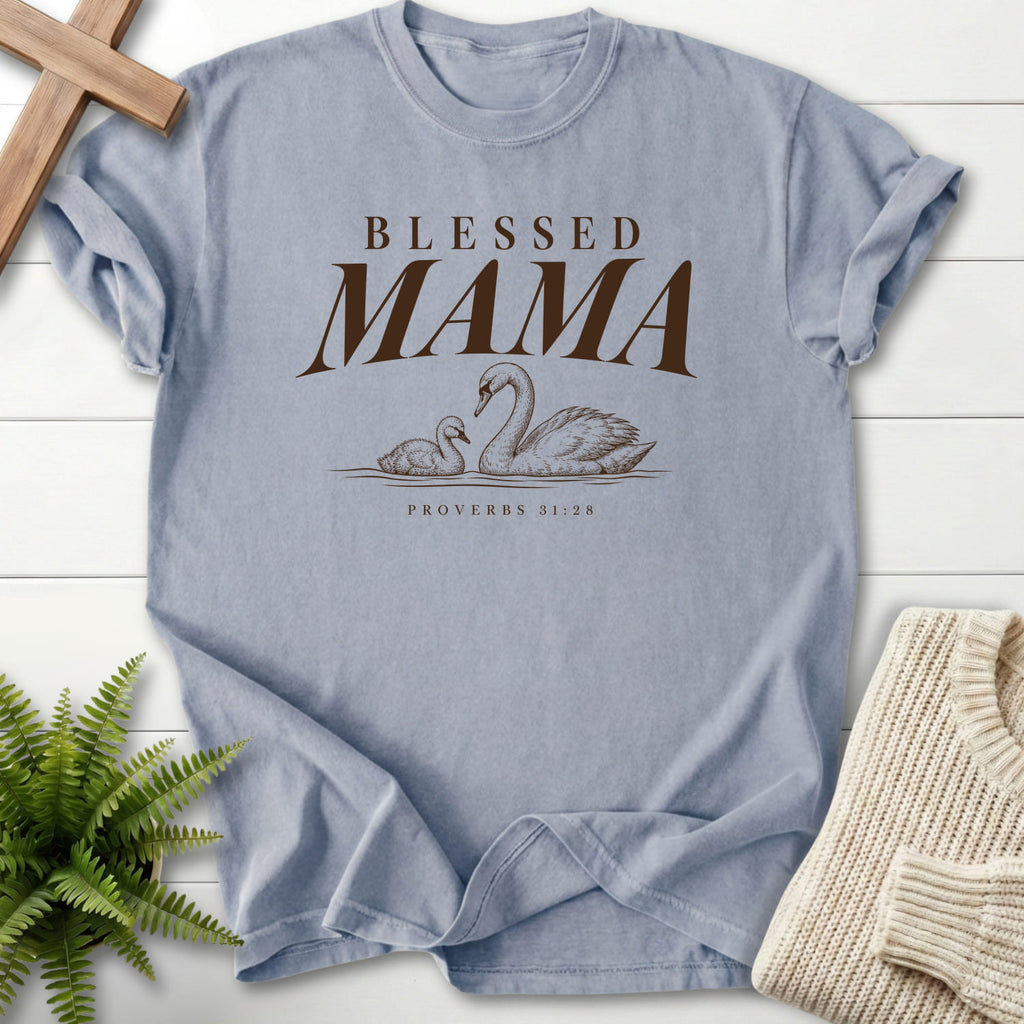 Granite Blessed Mama Swan T-shirt flat lay mockup, Proverbs 31:28 Christian apparel for women
