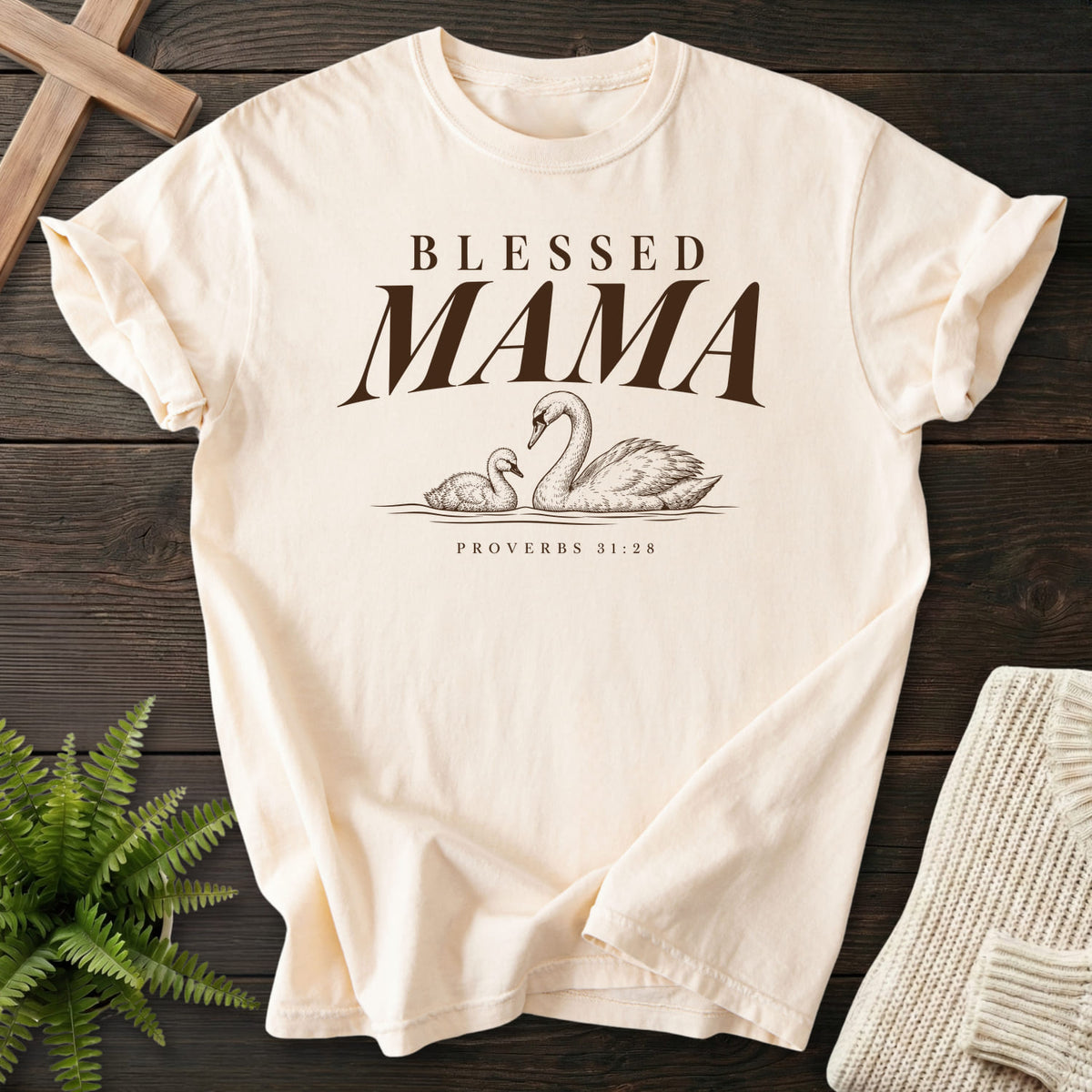Ivory Blessed Mama Swan T-shirt flat lay mockup, Proverbs 31:28 Christian apparel for women