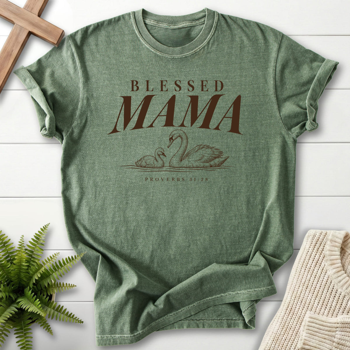 Moss Blessed Mama Swan T-shirt flat lay mockup, Proverbs 31:28 Christian apparel for women