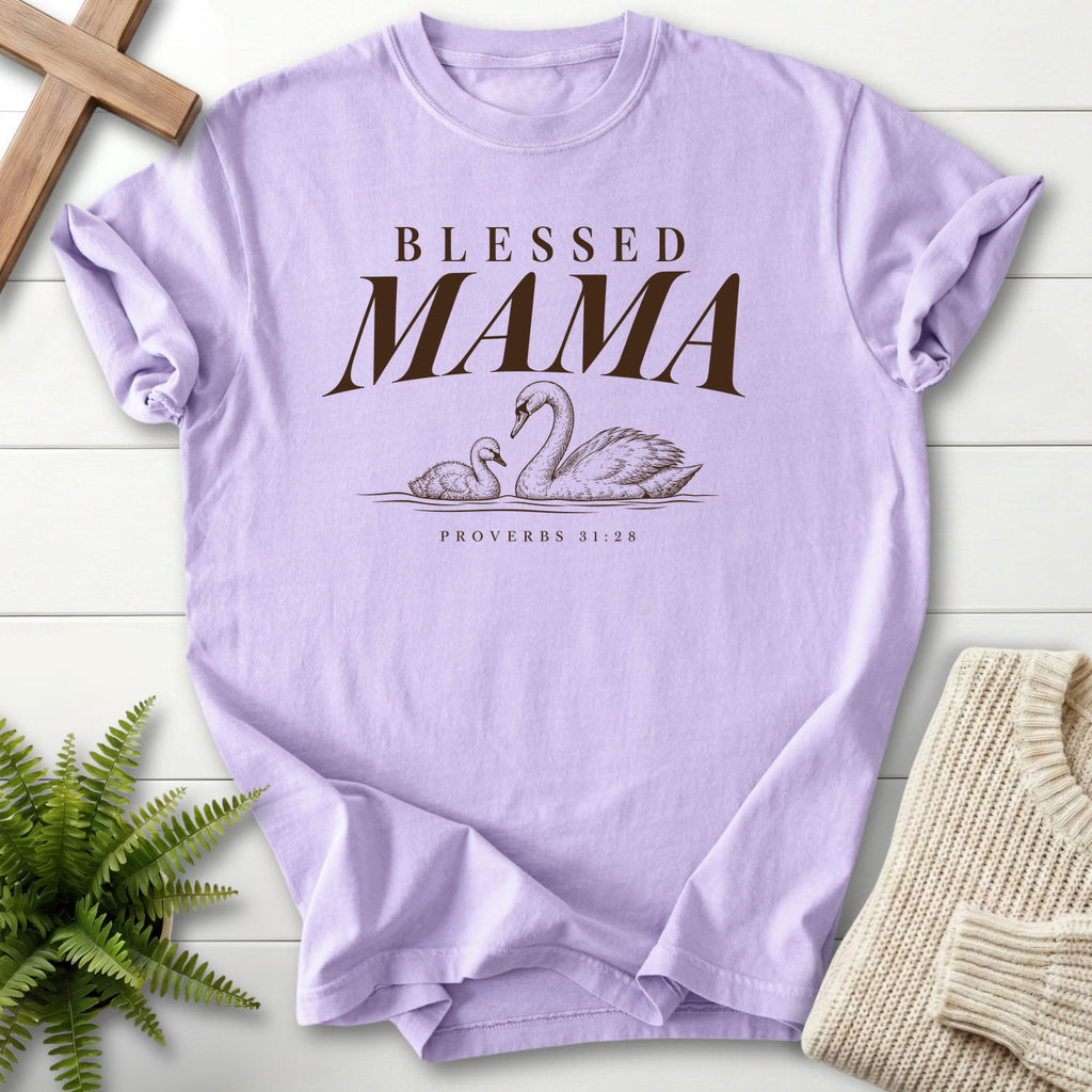 Orchid Blessed Mama Swan T-shirt flat lay mockup, Proverbs 31:28 Christian apparel for women