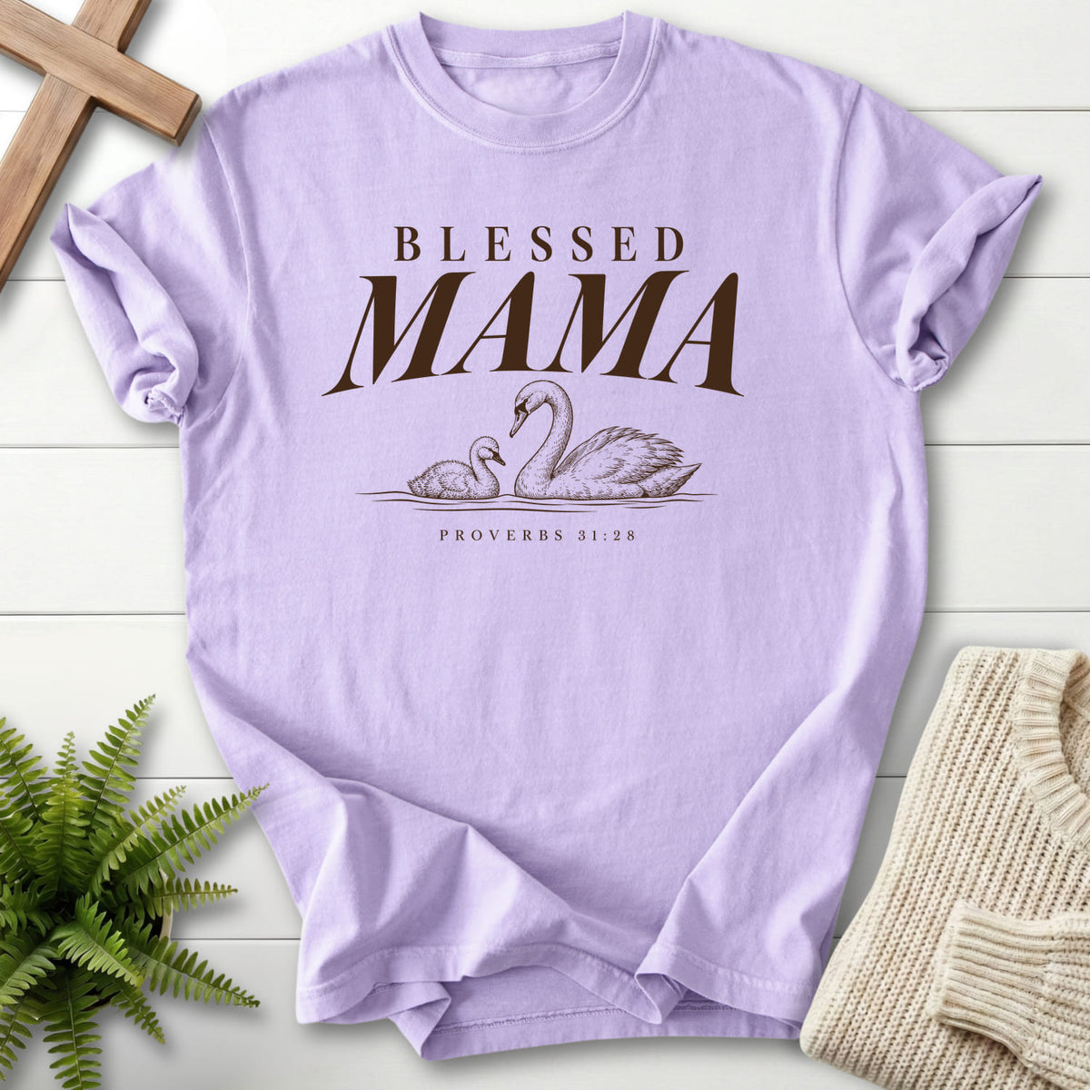 Orchid Blessed Mama Swan T-shirt flat lay mockup, Proverbs 31:28 Christian apparel for women