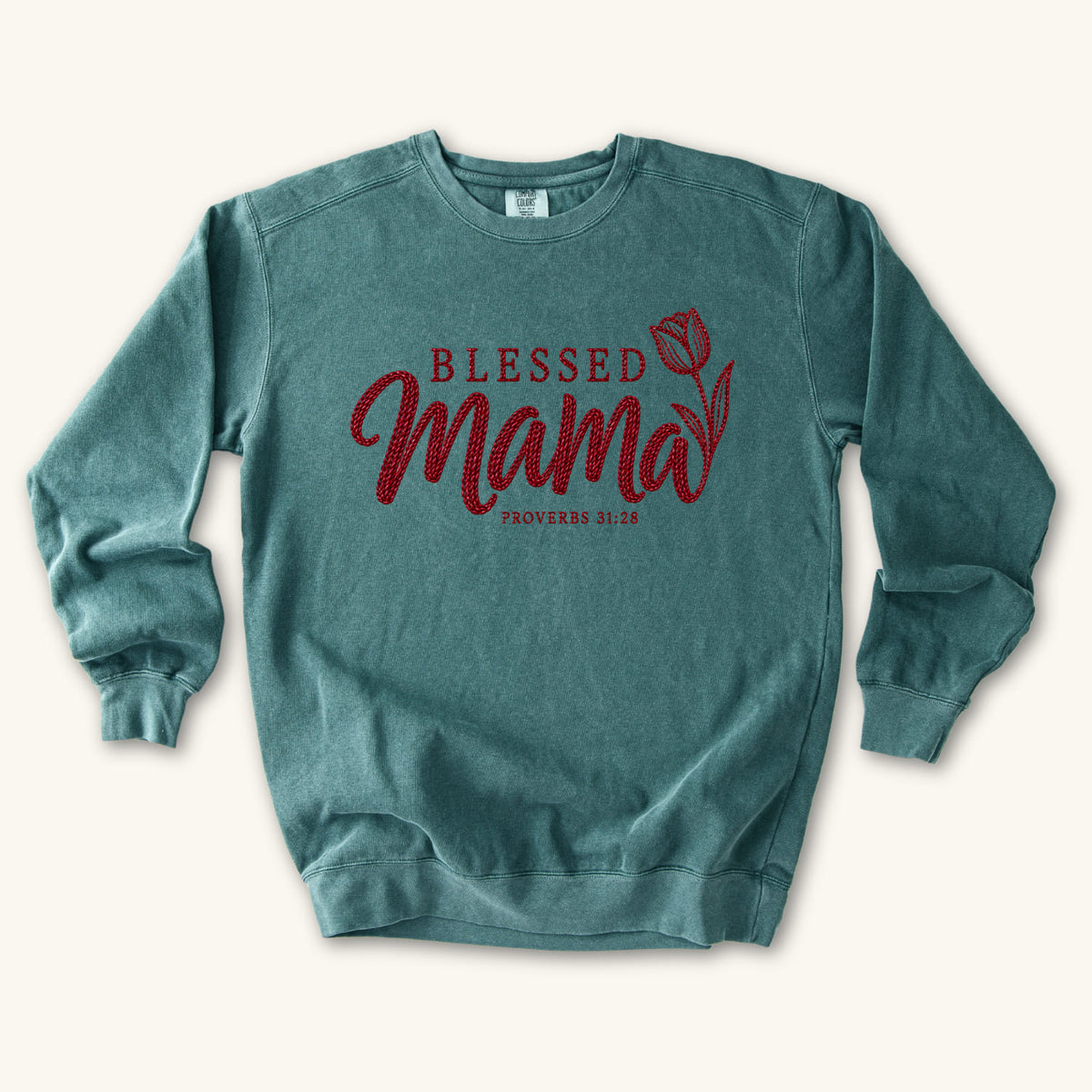 Blue Spruce Blessed Mama Tulip sweatshirt flat lay mockup, Proverbs 31:28 Christian apparel for women