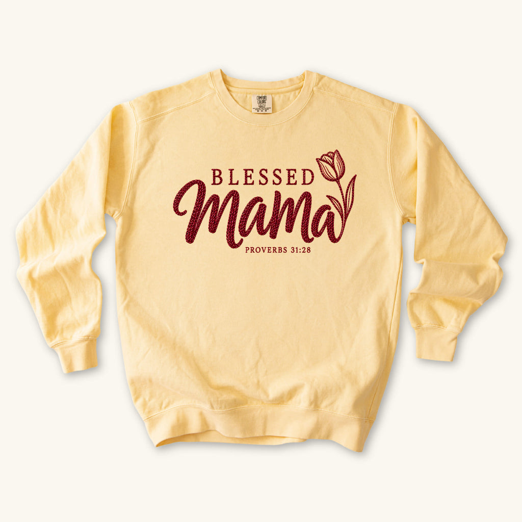 Butter Blessed Mama Tulip sweatshirt flat lay mockup, Proverbs 31:28 Christian apparel for women