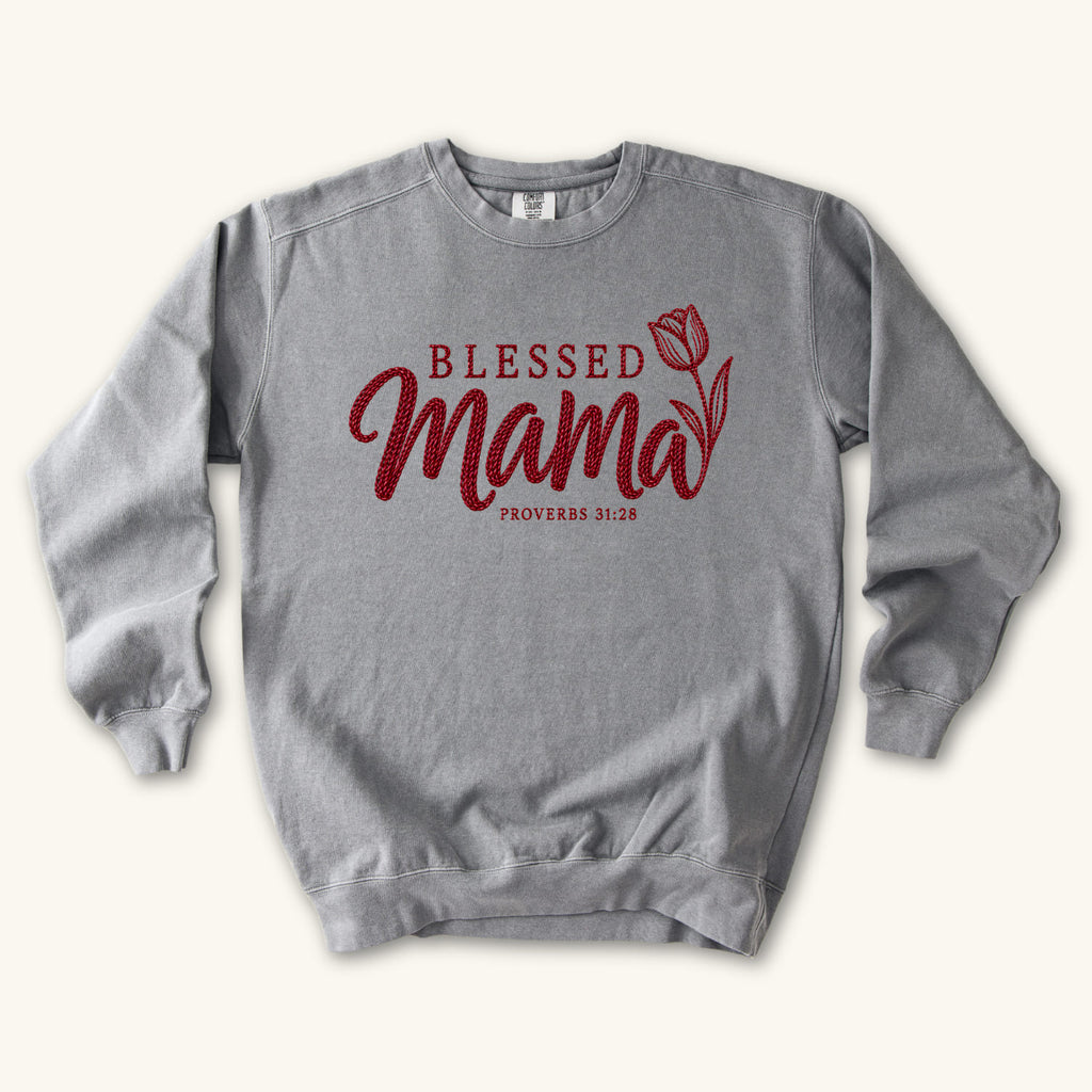Grey Blessed Mama Tulip sweatshirt flat lay mockup, Proverbs 31:28 Christian apparel for women