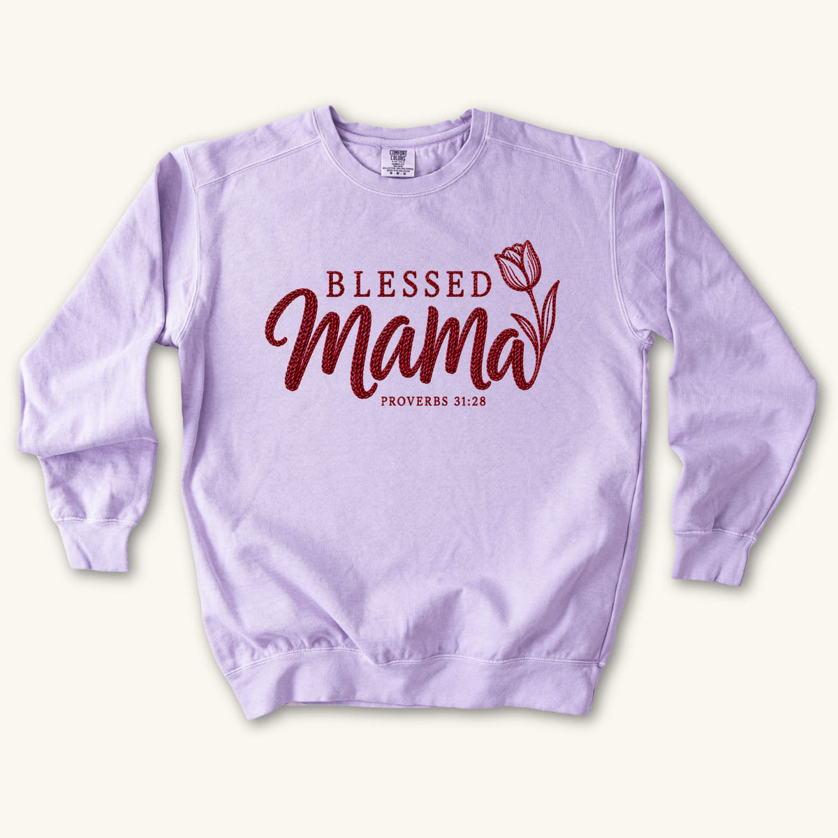 Orchid Blessed Mama Tulip sweatshirt flat lay mockup, Proverbs 31:28 Christian apparel for women