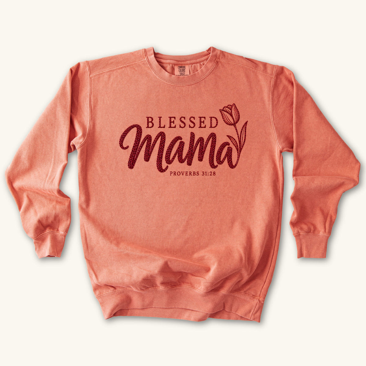 Terracotta Blessed Mama Tulip sweatshirt flat lay mockup, Proverbs 31:28 Christian apparel for women