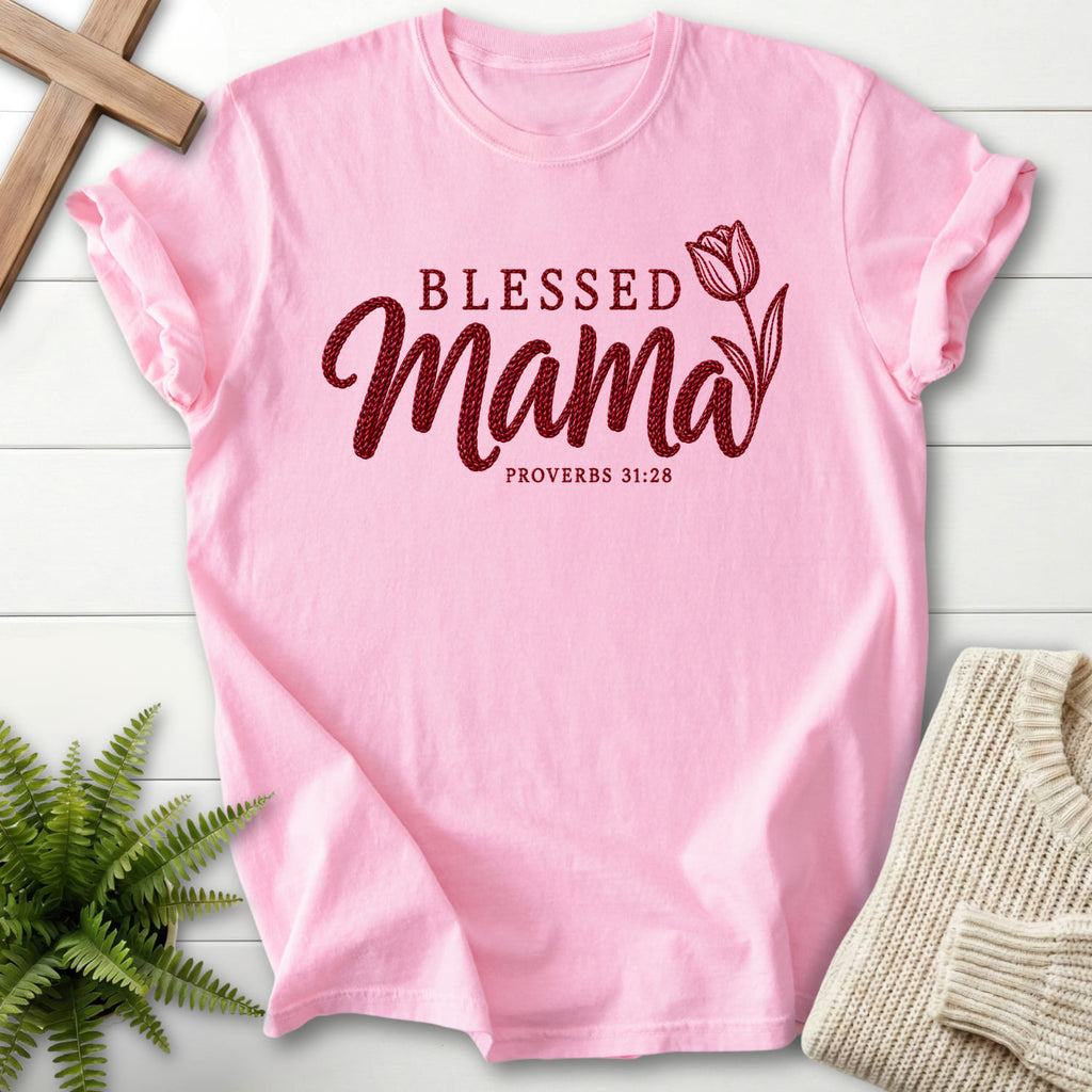 Blossom Blessed Mama Tulip T-shirt flat lay mockup, Proverbs 31:28 Christian apparel for women