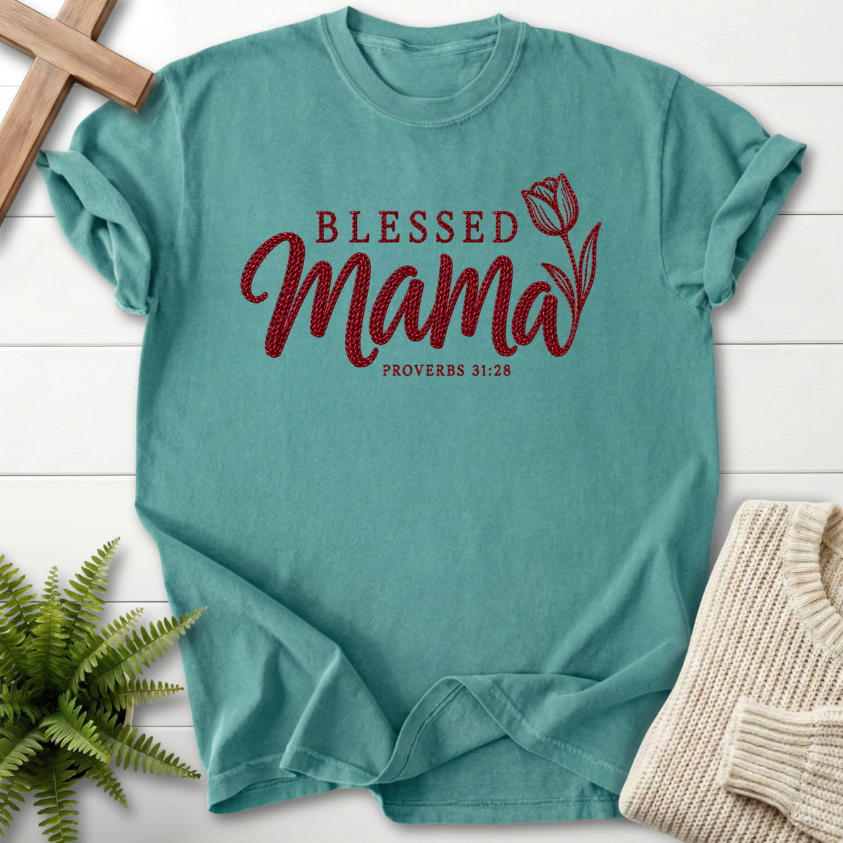 Chalky Mint Blessed Mama Tulip T-shirt flat lay mockup, Proverbs 31:28 Christian apparel for women