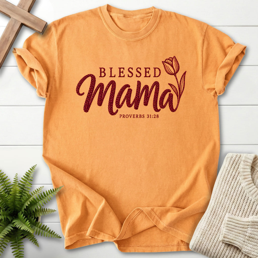 Citrus Blessed Mama Tulip T-shirt flat lay mockup, Proverbs 31:28 Christian apparel for women