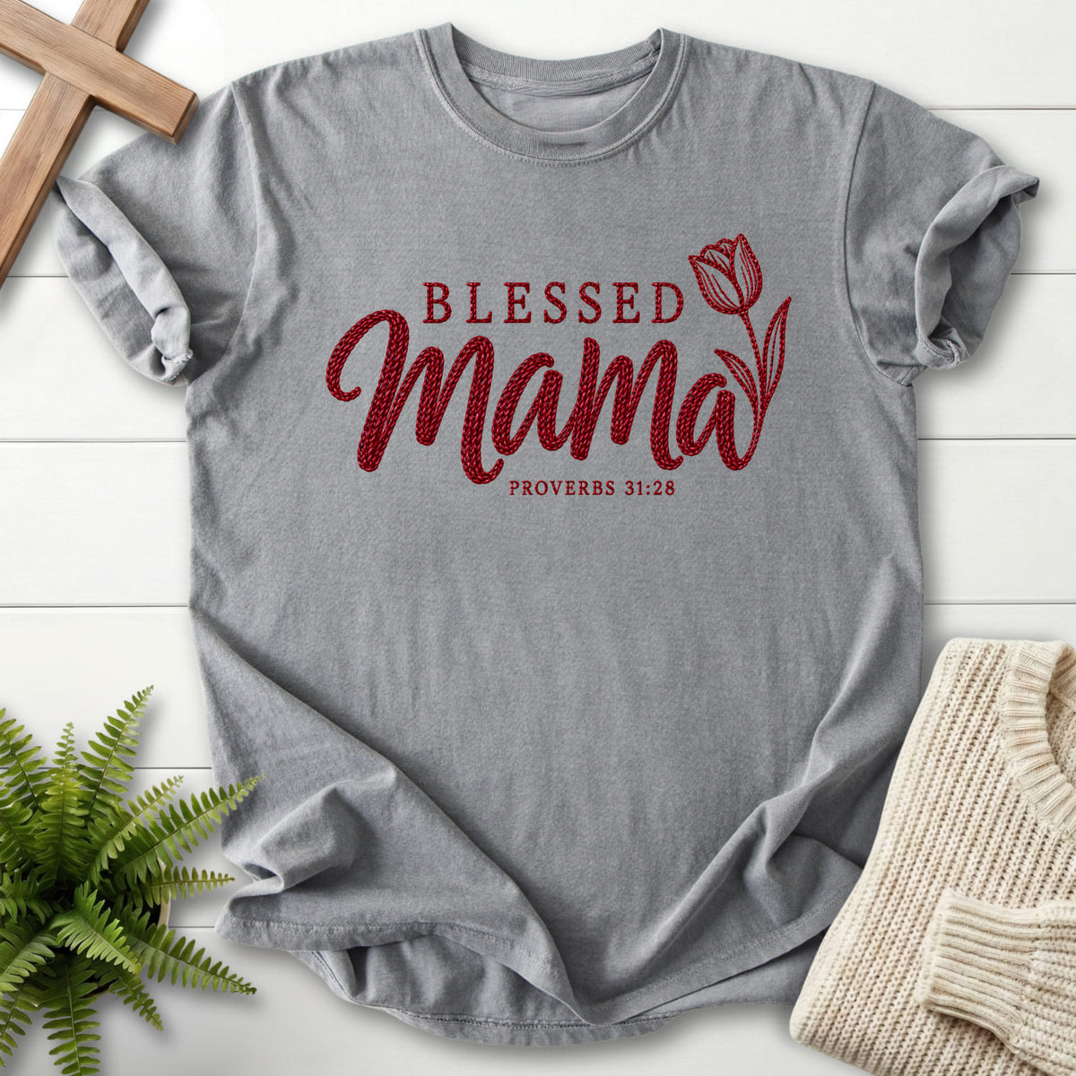Grey Blessed Mama Tulip T-shirt flat lay mockup, Proverbs 31:28 Christian apparel for women
