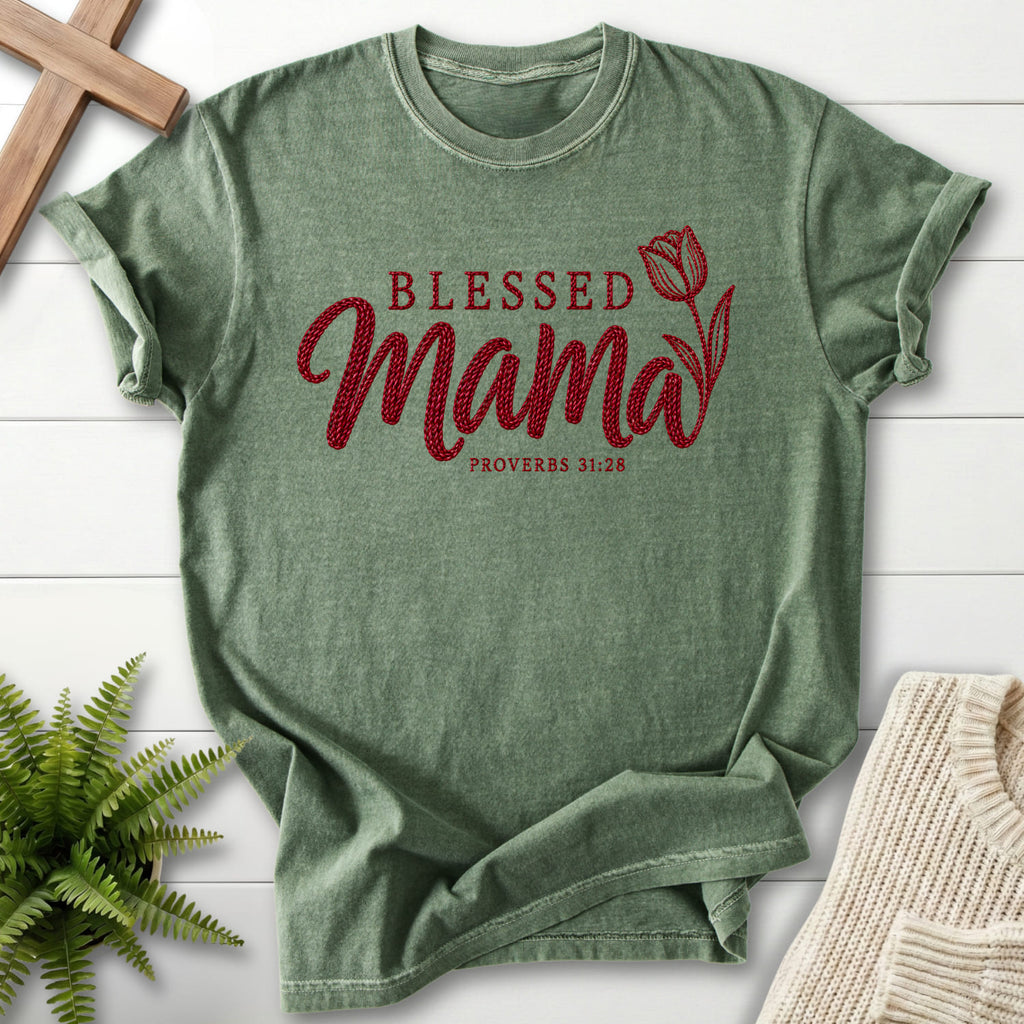 Moss Blessed Mama Tulip T-shirt flat lay mockup, Proverbs 31:28 Christian apparel for women