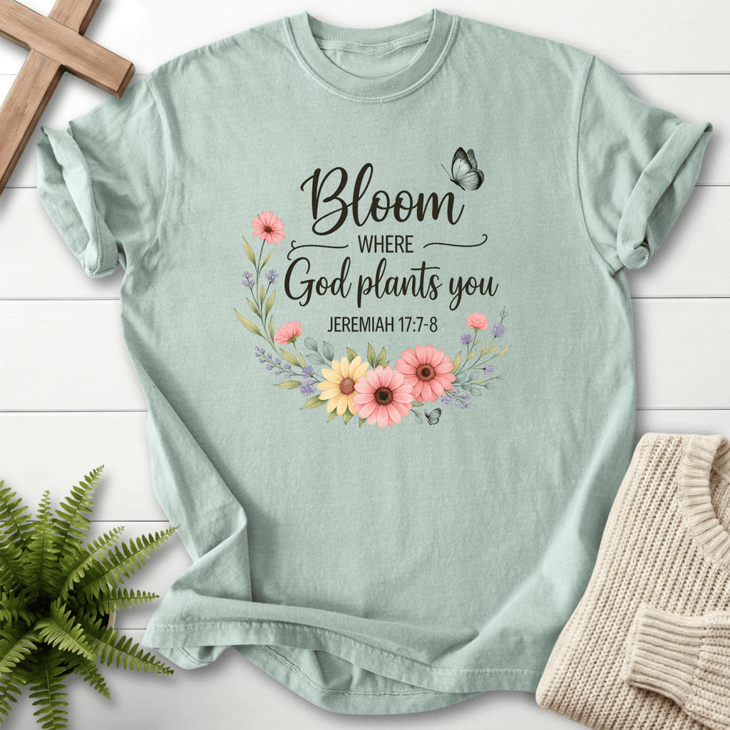 Bay Christian t-shirt for women with floral script design, inspired by Jeremiah 17:7-8, She Wears Faith.