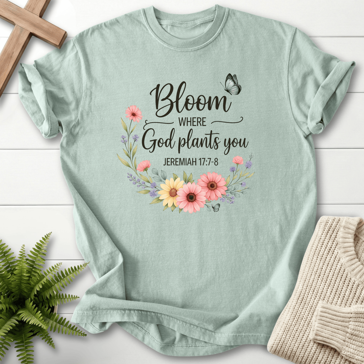 Bay Christian t-shirt for women with floral script design, inspired by Jeremiah 17:7-8, She Wears Faith.