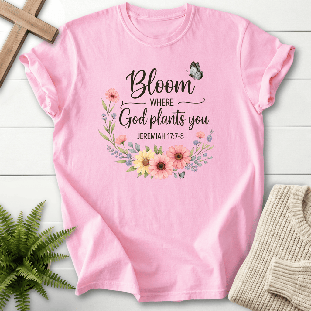Blossom Christian t-shirt for women with a watercolor wildflower wreath, inspired by Jeremiah 17:7-8.