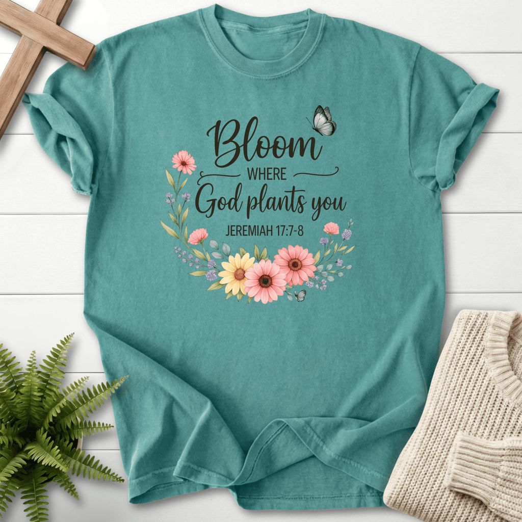 Chalky Mint Christian t-shirt for women with a watercolor wildflower wreath and butterfly, inspired by Jeremiah 17:7-8.