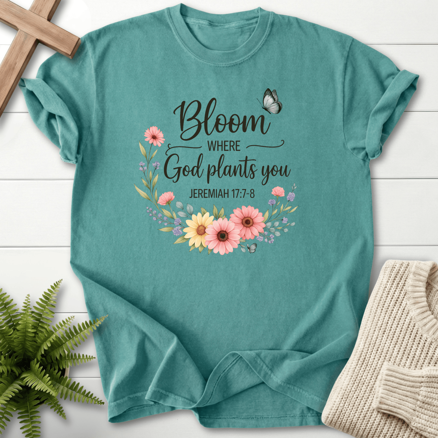 Chalky Mint Christian t-shirt for women with a watercolor wildflower wreath and butterfly, inspired by Jeremiah 17:7-8.