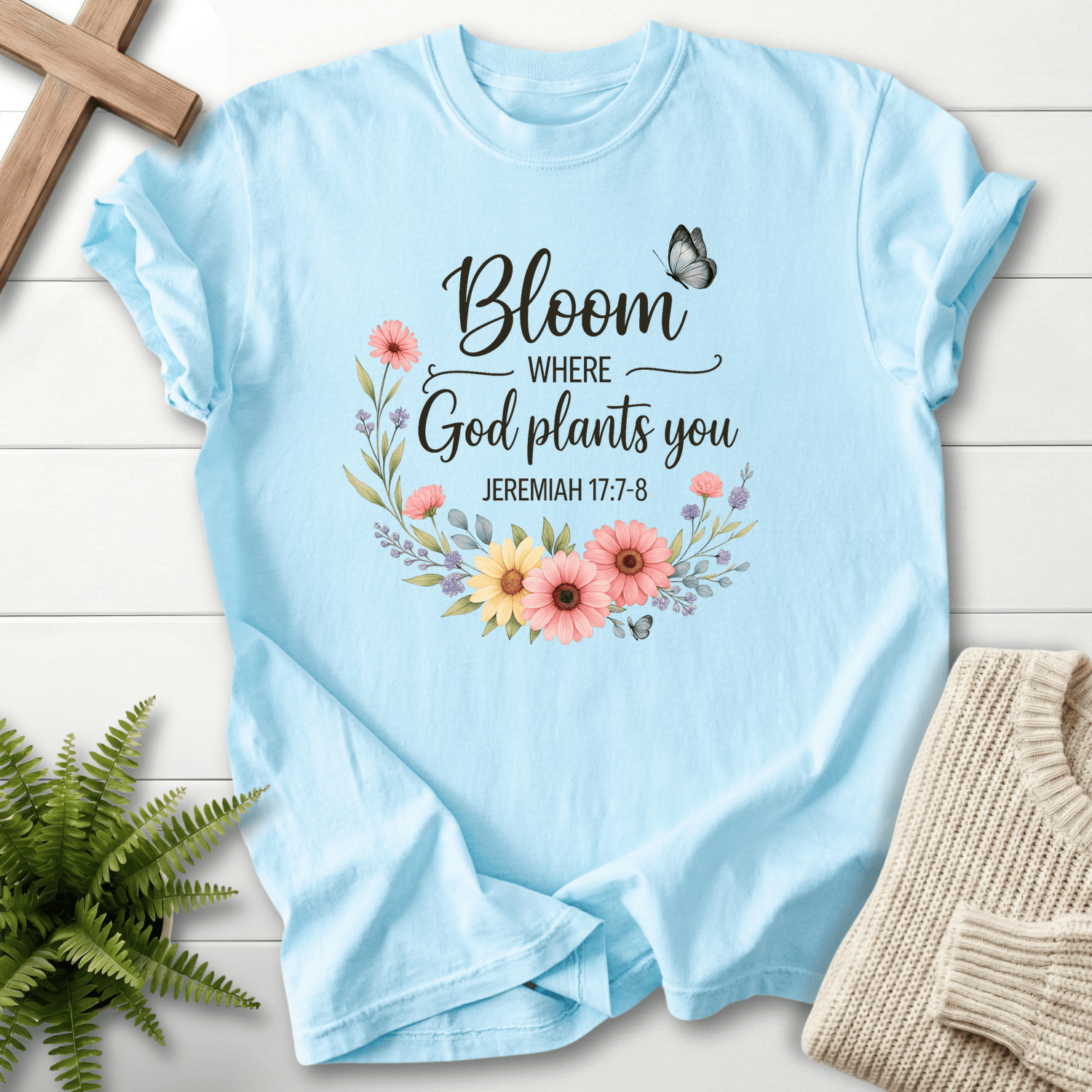 Chambray Christian t-shirt for women with a floral wreath flatlay, inspired by Jeremiah 17:7-8.