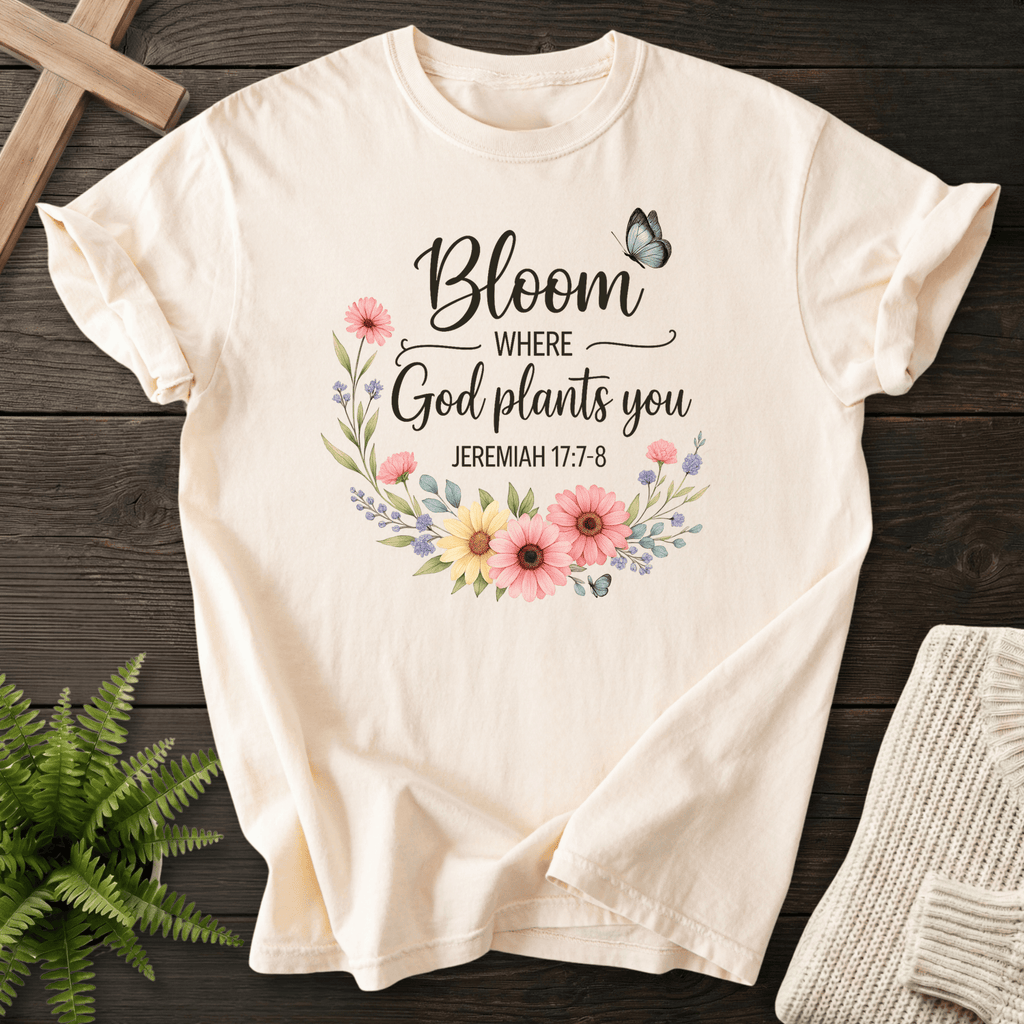 Ivory Christian t-shirt for women with a floral wreath and butterfly accent, inspired by Jeremiah 17:7-8.