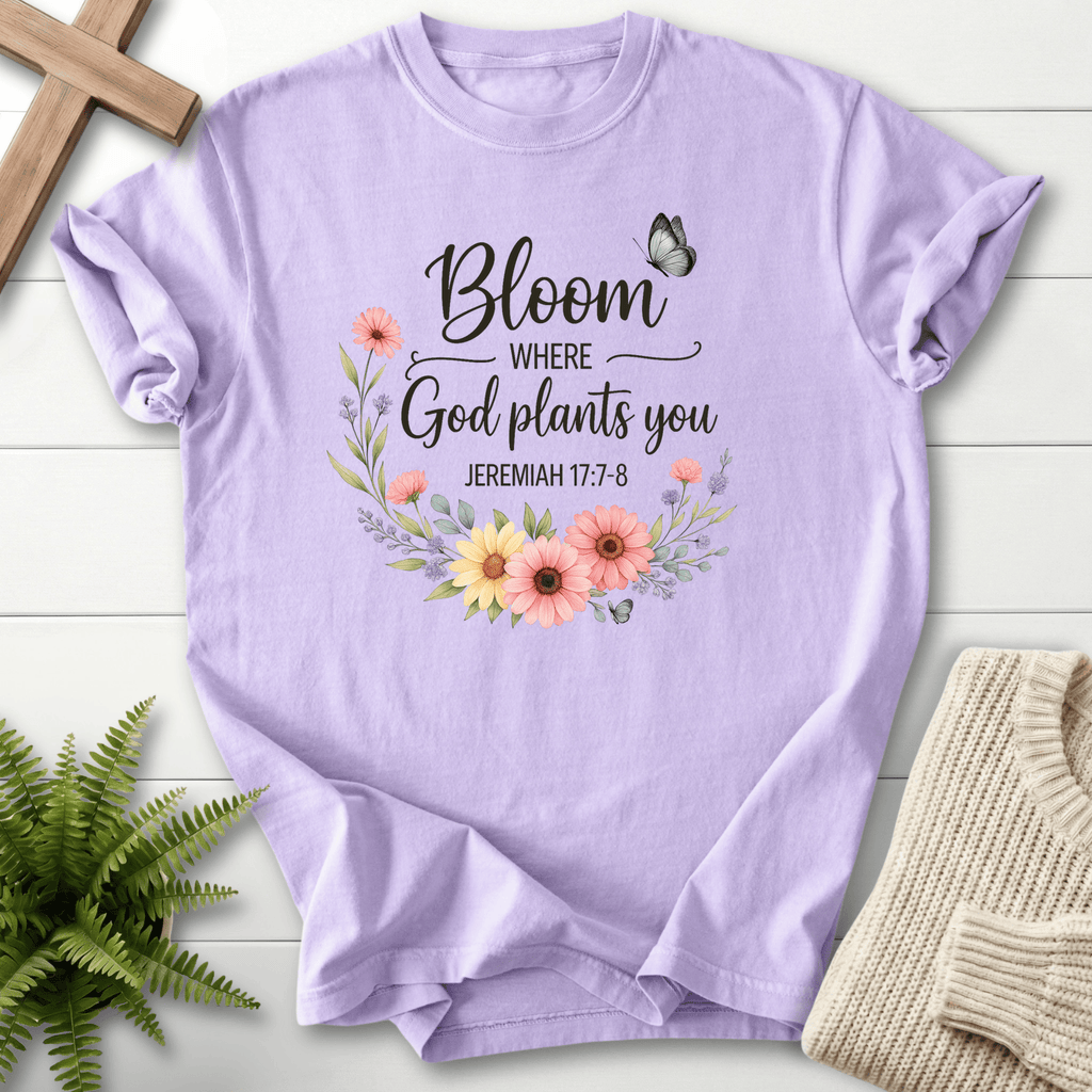 Orchid Christian t-shirt for women with a watercolor sunflower and daisy wreath, inspired by Jeremiah 17:7-8.