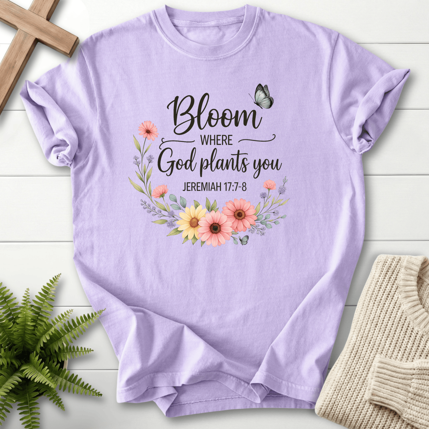 Orchid Christian t-shirt for women with a watercolor sunflower and daisy wreath, inspired by Jeremiah 17:7-8.