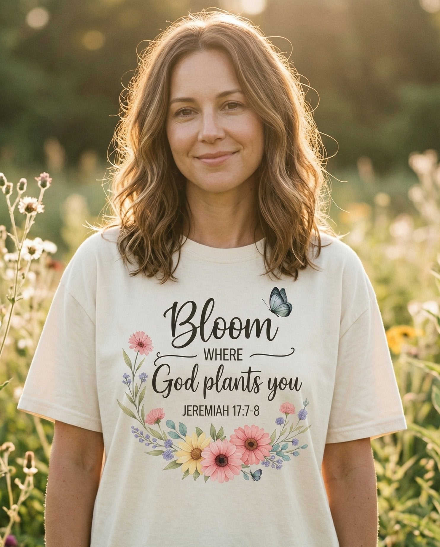 Bloom Where God Plants You – Ivory women's Christian tee, lifestyle photo in outdoor garden – Watercolor wildflower wreath with sunflowers – Jeremiah 17:7-8 – She Wears Faith