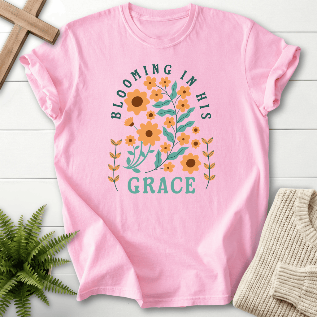 Blossom Christian t-shirt for women with a retro botanical flower and leaf arch graphic.