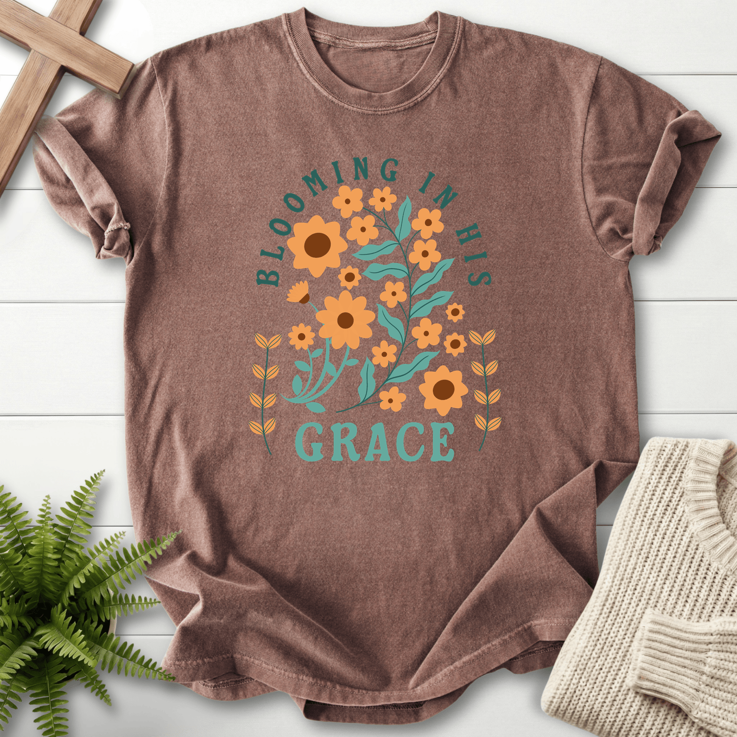 Espresso Christian t-shirt for women with a retro sunflower arch design in orange and teal, Comfort Colors 1717.