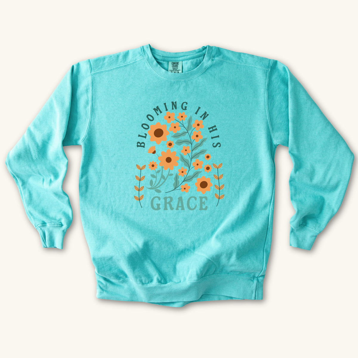 Chalky Mint Blooming in His Grace sweatshirt flat lay mockup, Christian apparel for women