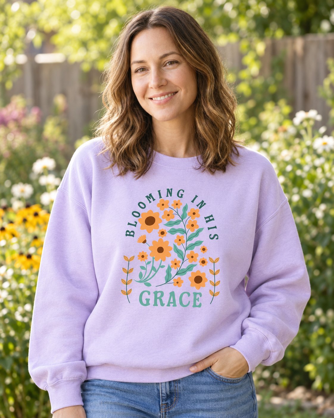 Blooming in His Grace – Orchid women's Christian sweatshirt, lifestyle photo in outdoor garden – Orange sunflowers with BLOOMING IN HIS GRACE – She Wears Faith
