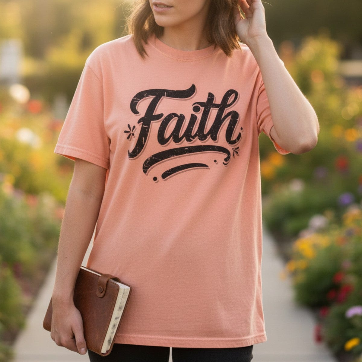 Woman holding a Bible while wearing a Comfort Colors 1717 terracotta “Faith” t-shirt in a garden at sunset. A warm and uplifting women’s scripture tee inspired by 2 Corinthians 5:7 t-shirt, perfect for daily wear or Christian mom gift ideas.