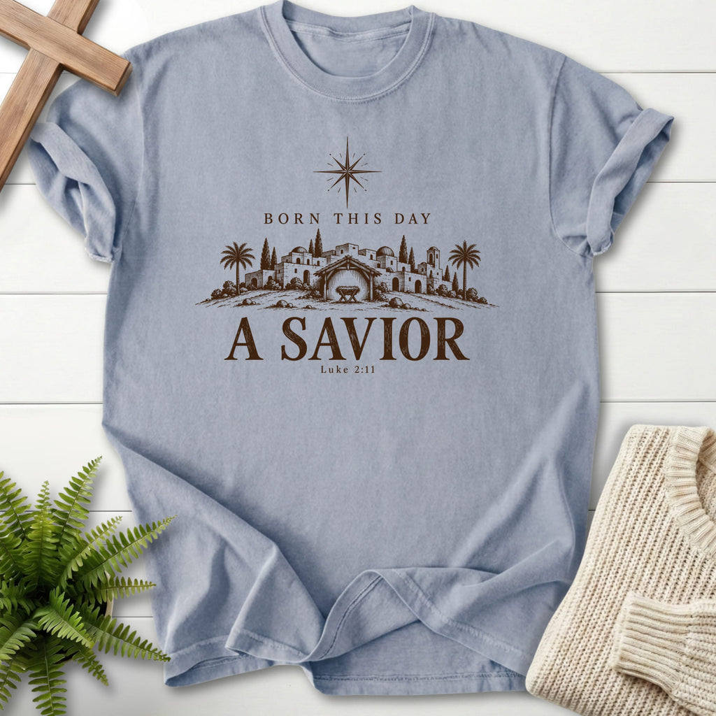 Granite color option for the Born This Day a Savior Christian t-shirt for women with "Born This Day a Savior T-Shirt" Luke 2:11.